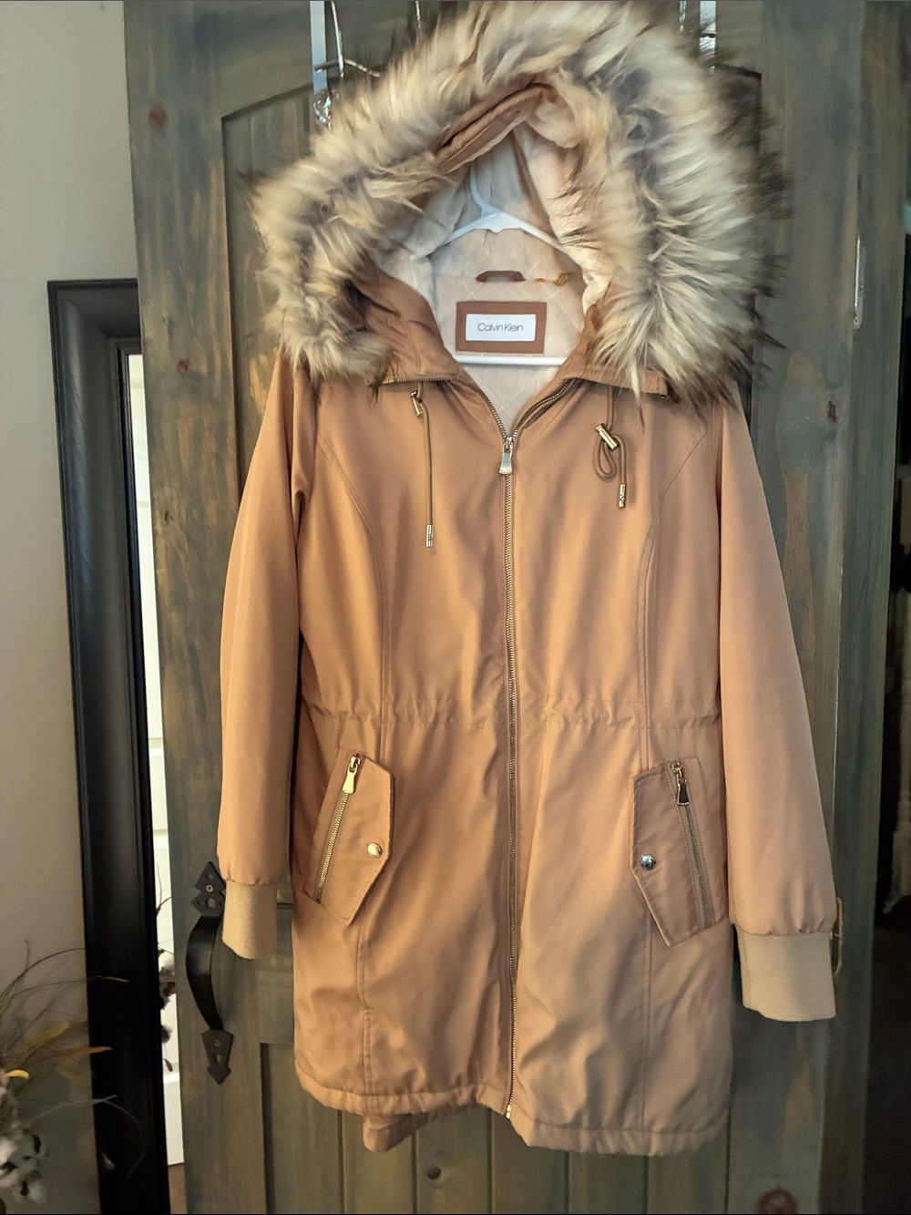 Calvin Klein parka coat fur hood beige